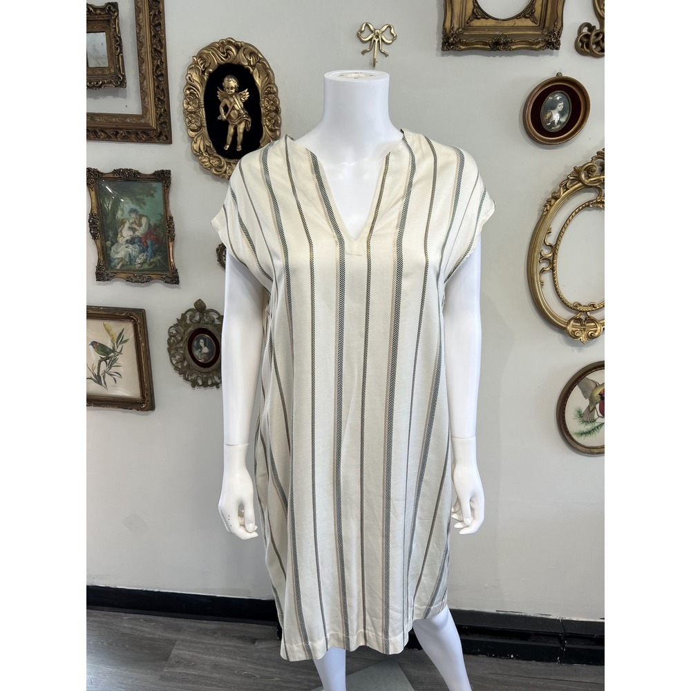 Ottod'Ame Italian Striped V-Neck Shift Midi Dress Beige Green Size 46 / US10 NWT
